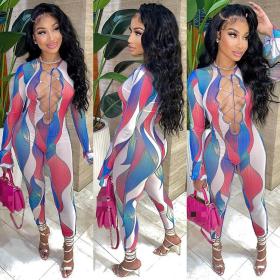 Ladies Fashion Print Cutout Sexy Jumpsuit