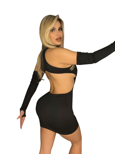 Fashion sexy women's round neck hollow sleeve knitted skirt package hip skirt solid color dress