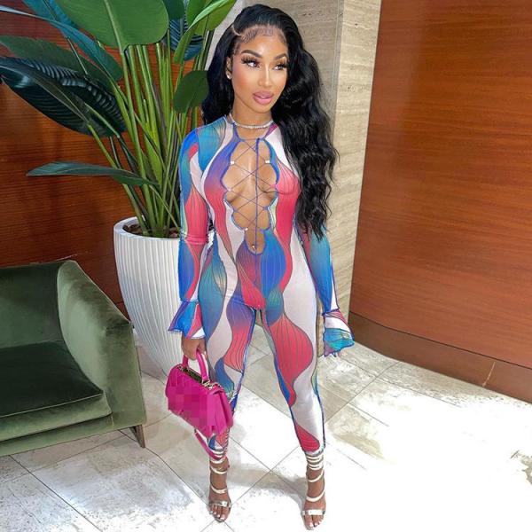 Ladies Fashion Print Cutout Sexy Jumpsuit