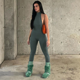 Sexy Backless Halter Sleeveless High Waist Tight Sports Fitness Jumpsuit