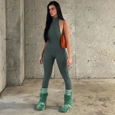 Sexy Backless Halter Sleeveless High Waist Tight Sports Fitness Jumpsuit