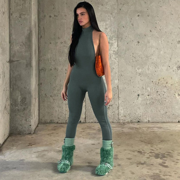 Sexy Backless Halter Sleeveless High Waist Tight Sports Fitness Jumpsuit