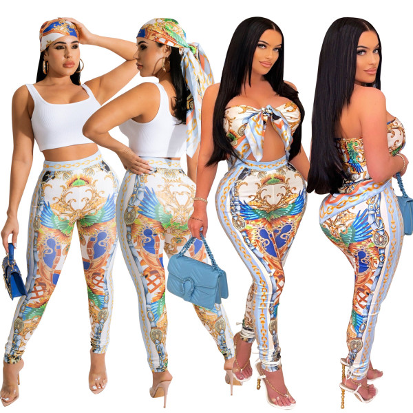 Women's Fashion Totem Positioning Print Tube Top Two-piece Suit