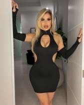 Fashion sexy women's round neck hollow sleeve knitted skirt package hip skirt solid color dress Fashion sexy women's round neck hollow sleeve knitted skirt package hip skirt solid color dress