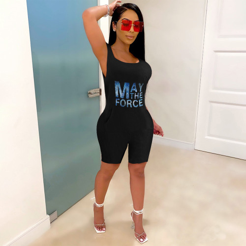 Offset High Waist Panel Solid Color Sleeveless Loose Jumpsuit (with Pockets)