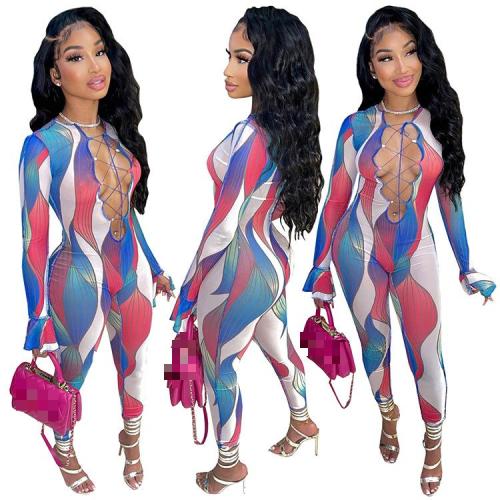 Ladies Fashion Print Cutout Sexy Jumpsuit