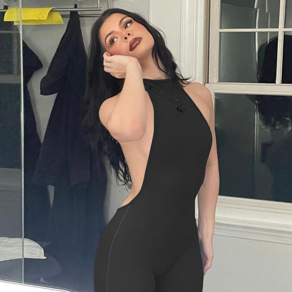 Sexy Backless Halter Sleeveless High Waist Tight Sports Fitness Jumpsuit