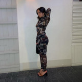Sexy mesh sheer print slim top high waist trousers suit women