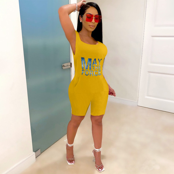 Offset High Waist Panel Solid Color Sleeveless Loose Jumpsuit (with Pockets)