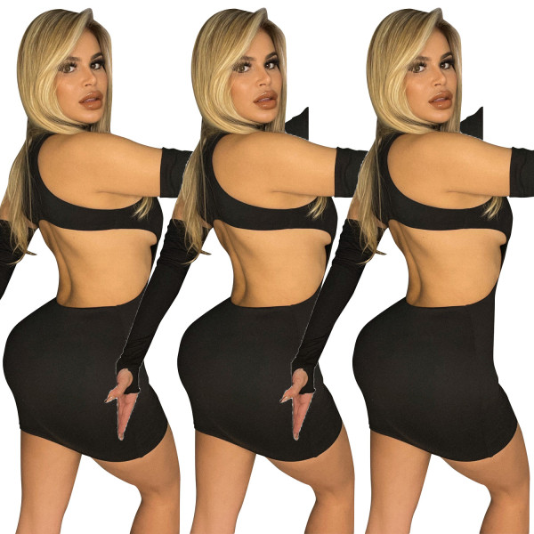 Fashion sexy women's round neck hollow sleeve knitted skirt package hip skirt solid color dress