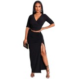 Women's Pleated Half Sleeve Slit Skirt Tie Set