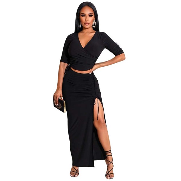 Women's Pleated Half Sleeve Slit Skirt Tie Set