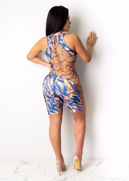 Camouflage flame contrast color strap sexy jumpsuit