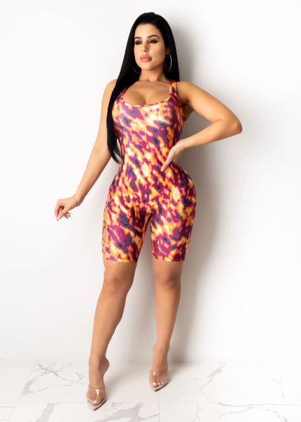 Camouflage flame contrast color strap sexy jumpsuit