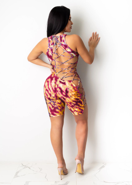 Camouflage flame contrast color strap sexy jumpsuit