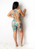 Camouflage flame contrast color strap sexy jumpsuit