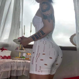 Sexy hollow low-cut suspenders high waist bag hip tights shorts women