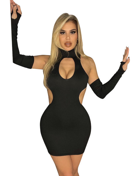 Fashion sexy women's round neck hollow sleeve knitted skirt package hip skirt solid color dress