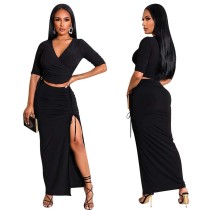 Women's Pleated Half Sleeve Slit Skirt Tie Set Women's Pleated Half Sleeve Slit Skirt Tie Set