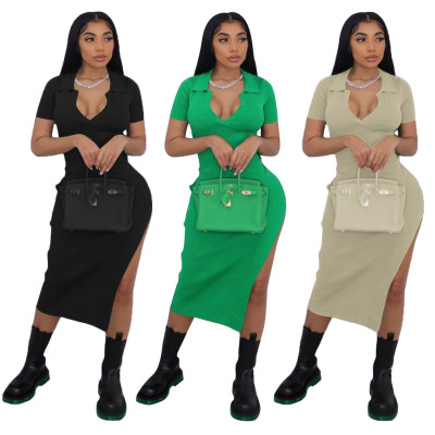 Spring and autumn pit strip V-neck split fashion sexy casual women's dress