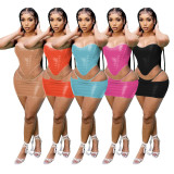 Women's summer wrap chest fake two-piece skirt suit sexy leather nightclub two-piece set