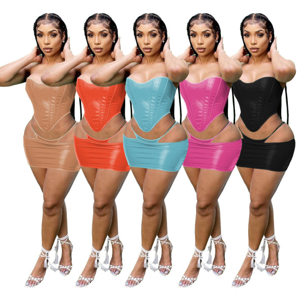 Women's summer wrap chest fake two-piece skirt suit sexy leather nightclub two-piece set