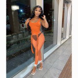 Women's summer vest mesh pants two-piece sexy perspective solid color sports suit