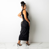 Solid Color High Waist Ladies Long Skirt Pull-Up Pleated Skirt