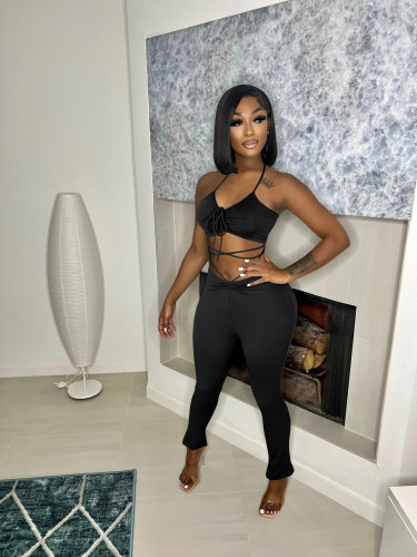 Summer sexy halter neck low-cut drawstring blouse flared trousers two-piece women's