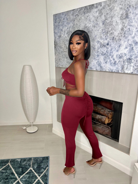 Summer sexy halter neck low-cut drawstring blouse flared trousers two-piece women's