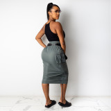 Solid Color High Waist Ladies Long Skirt Pull-Up Pleated Skirt