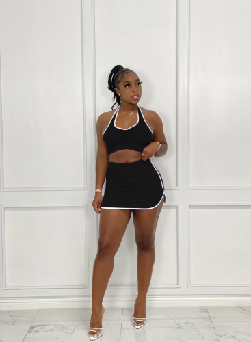 Women's Solid Color Sleeveless Halter Pleated Sports Two Piece Short Skirt Set