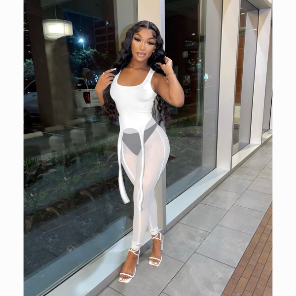 Women's summer vest mesh pants two-piece sexy perspective solid color sports suit