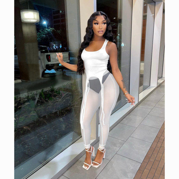 Women's summer vest mesh pants two-piece sexy perspective solid color sports suit
