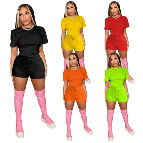 Zipper Pocket Summer Crew T-Shirt Solid Color Two Piece Women's