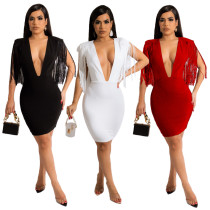 Solid Color Deep V Fashion Sexy Tassel Sleeve Swing Dress Solid Color Deep V Fashion Sexy Tassel Sleeve Swing Dress