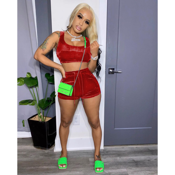 Women's Korean Velvet Vest Shorts Tracksuit