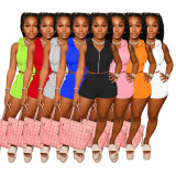 Women's Summer Hooded Sleeveless Zip Top Shorts Two-Piece Sports Suit Women