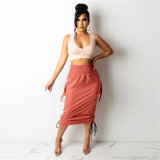 Solid Color High Waist Ladies Long Skirt Pull-Up Pleated Skirt