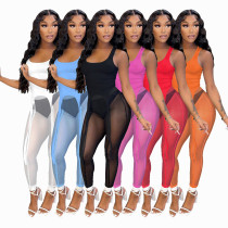Women's summer vest mesh pants two-piece sexy perspective solid color sports suit Women's summer vest mesh pants two-piece sexy perspective solid color sports suit