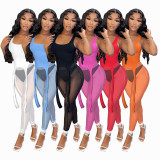 Women's summer vest mesh pants two-piece sexy perspective solid color sports suit