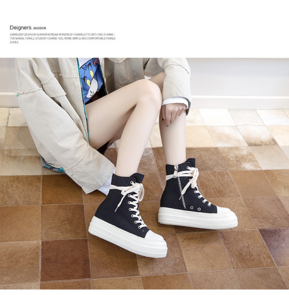 Platform high-top shoes women's side zipper canvas lace-up casual sneakers platform shoes
