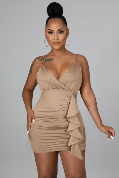 Sexy ruffled V-neck topless suspender bag hip nightclub dress