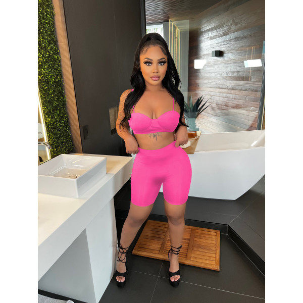 Women's summer sexy thin suspender shorts two-piece sexy solid color sports suit
