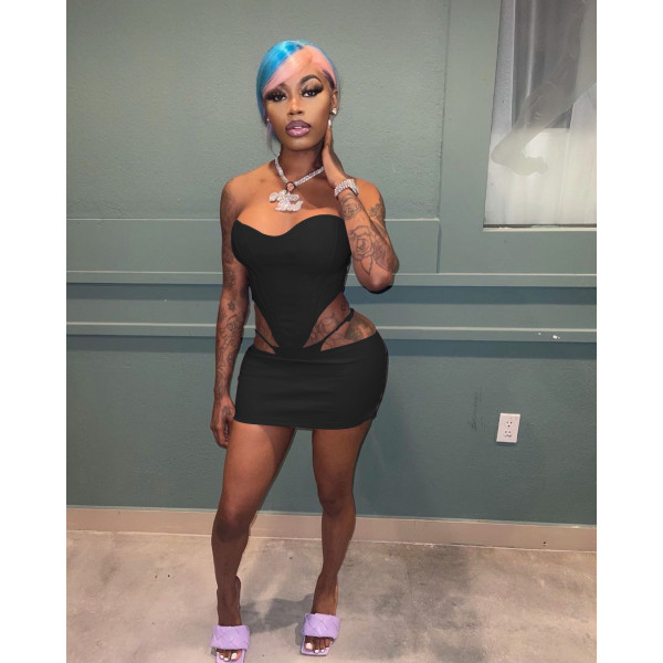 Women's summer wrap chest fake two-piece skirt suit sexy leather nightclub two-piece set