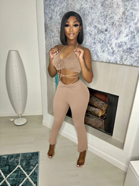 Summer sexy halter neck low-cut drawstring blouse flared trousers two-piece women's