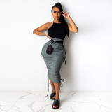 Solid Color High Waist Ladies Long Skirt Pull-Up Pleated Skirt