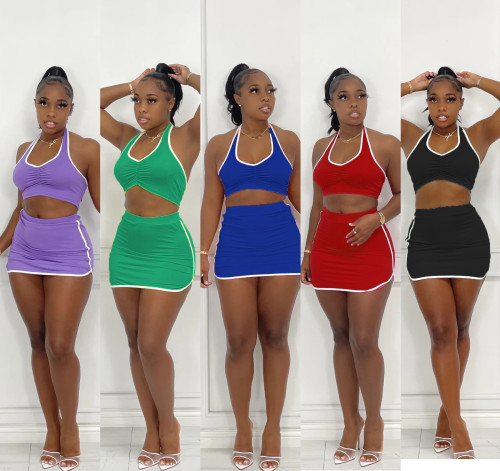 Women's Solid Color Sleeveless Halter Pleated Sports Two Piece Short Skirt Set