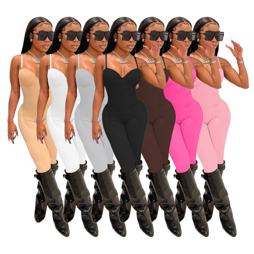 Women's summer sexy thin suspender jumpsuit women's solid color