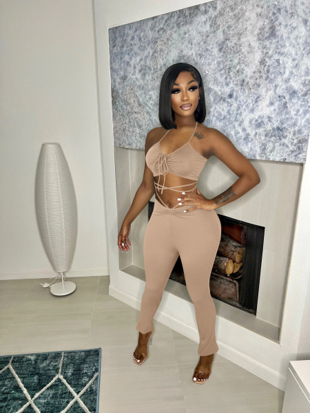 Summer sexy halter neck low-cut drawstring blouse flared trousers two-piece women's